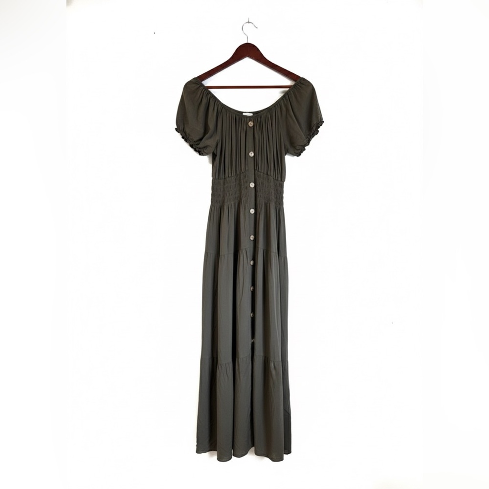 Leana Mode Olive Smocked Button-Down Maxi Dress - Size O/S Boho Chic